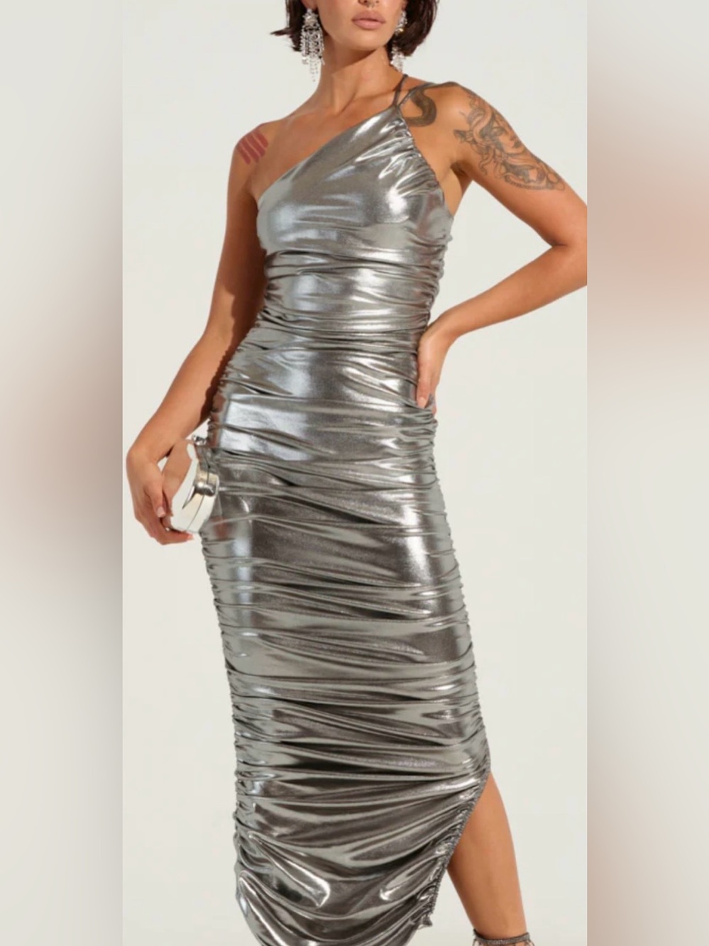 NWT AKIRA One-Shoulder Metallic Silver Ruched Midi Dress size S